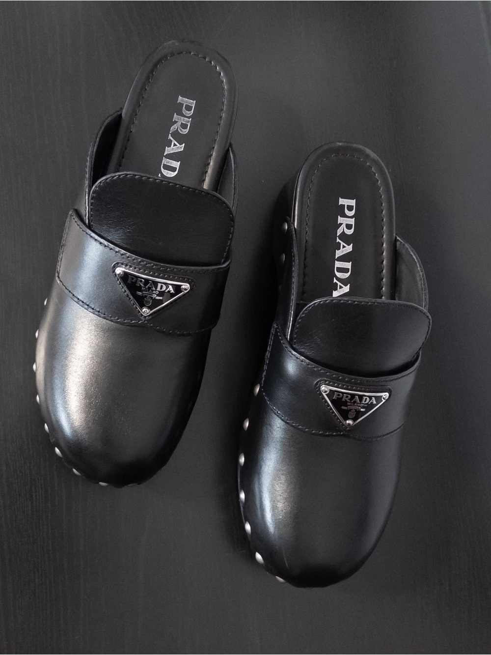 PRADA Mules Clogs Black Leather Studded Platform, Size 7 / EU 38 - Picture 12 of 13